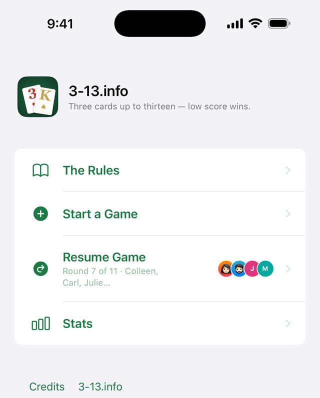 Home menu with a game ready to resume at round 7 of 11