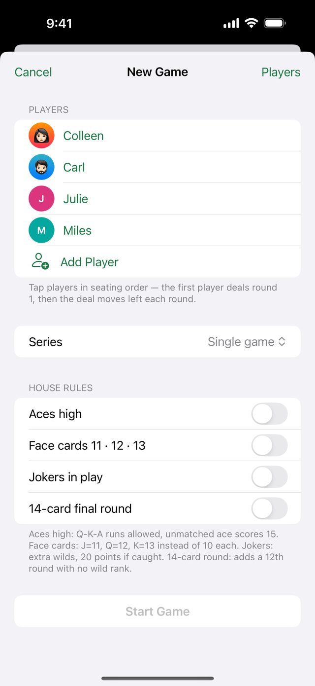 New game screen with four players and house-rule toggles